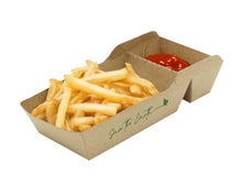 Cargar imagen en el visor de la galería, Barquetas Kraft Antigrasa/Fritos 2 compart. (18x10x3,5cm) (500 unid/caja)-(exclusivo online)