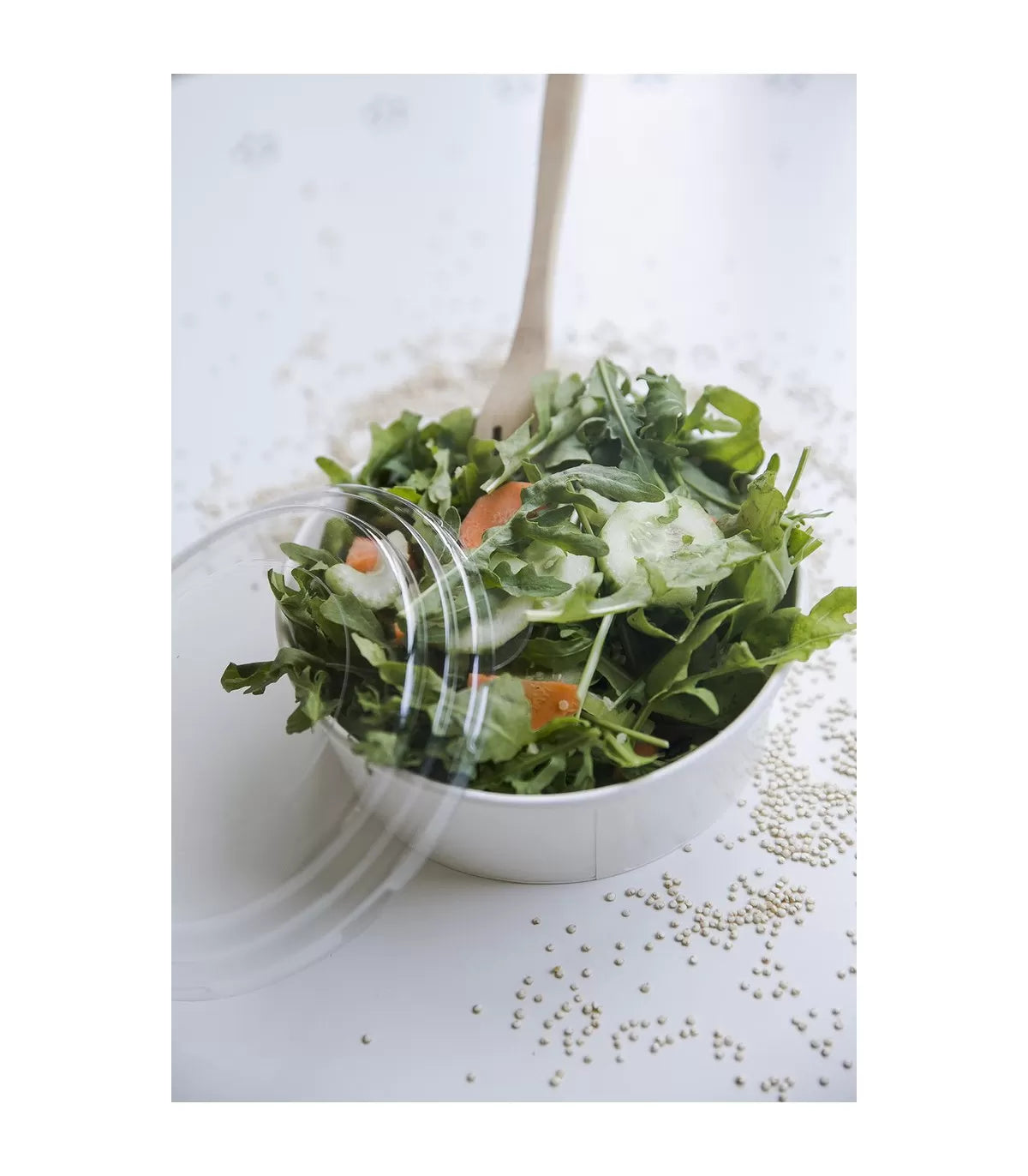 Ensaladera Blanca Cartón 1000 ml + Tapa rPET Antivaho (200 unid/caja) (exclusivo online)