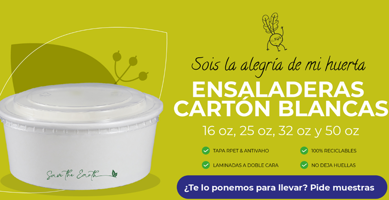 Ensaladera Blanca Cartón 1000 ml + Tapa rPET Antivaho (200 unid/caja) (exclusivo online)